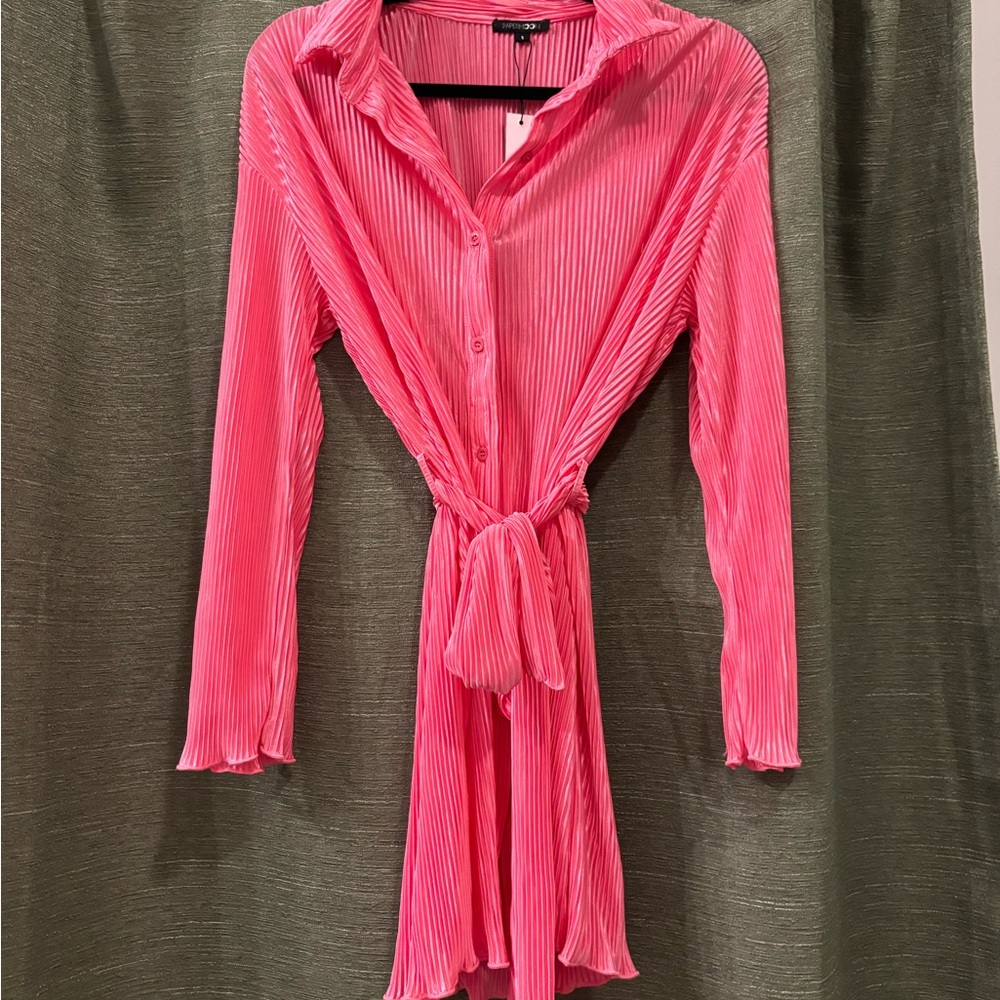 Pink Pleated Button-Up Dress